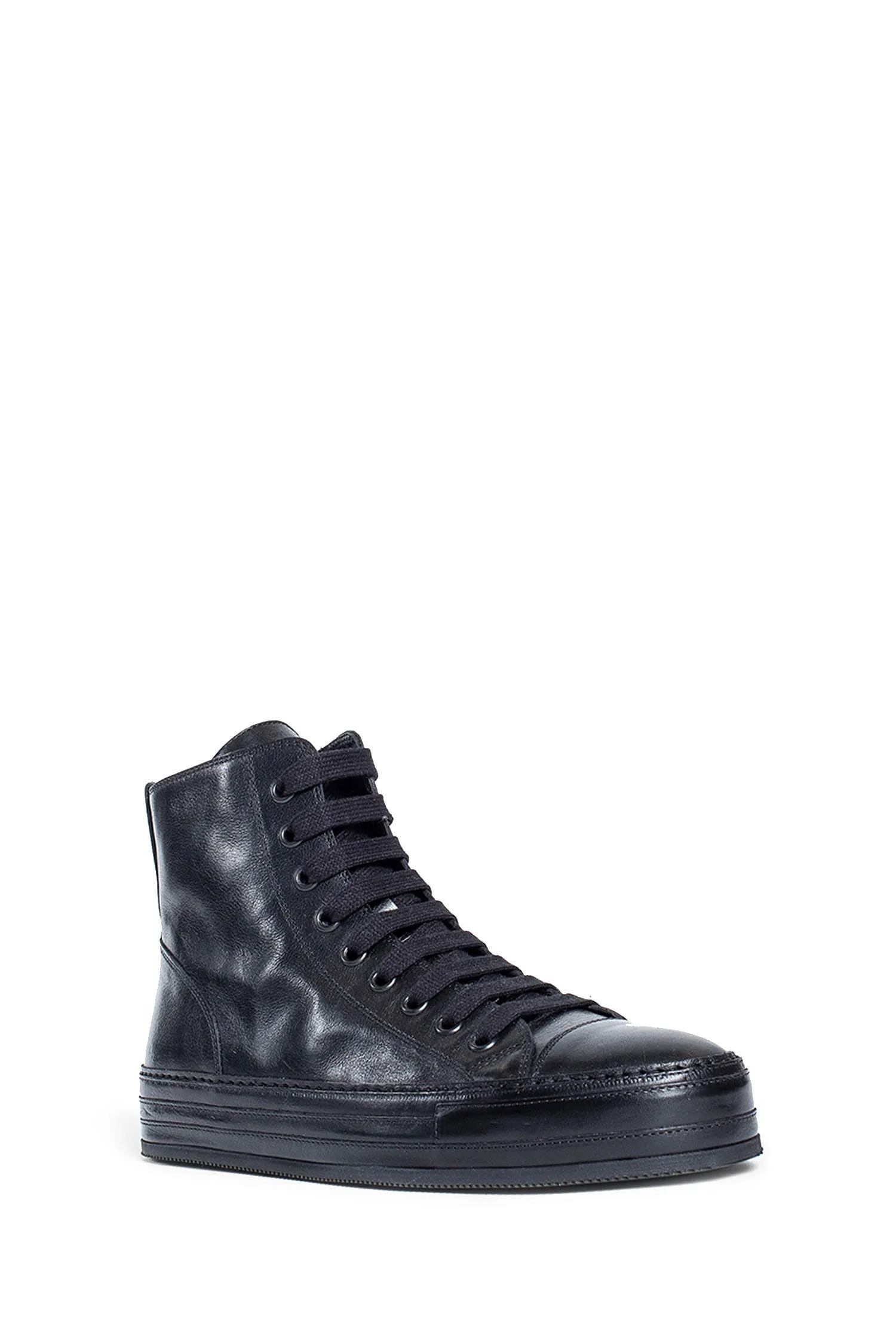 ann demeulemeester raven high-top sneakers in grained shiny calfksin