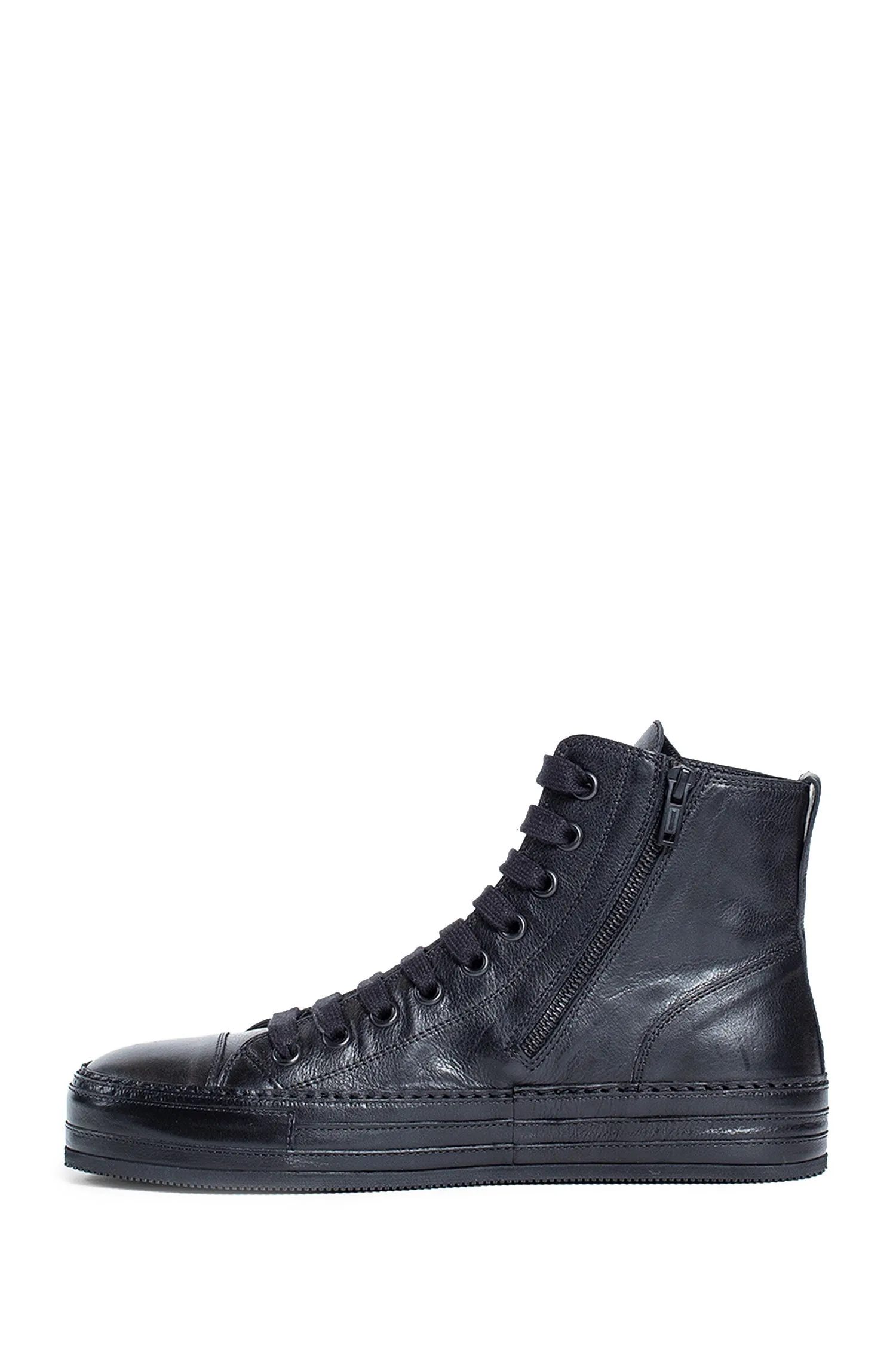 ann demeulemeester raven high-top sneakers in grained shiny calfksin