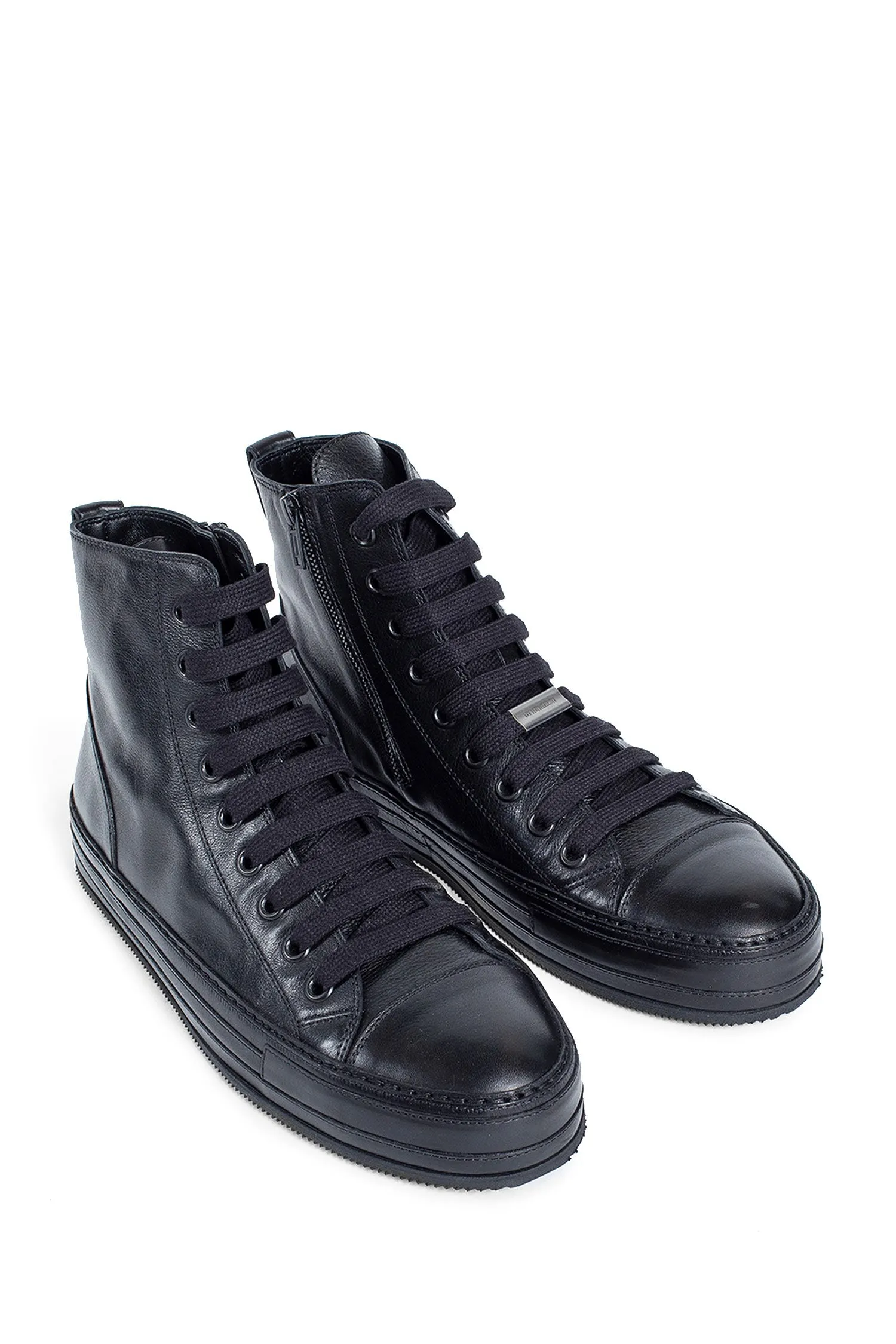 ann demeulemeester raven high-top sneakers in grained shiny calfksin