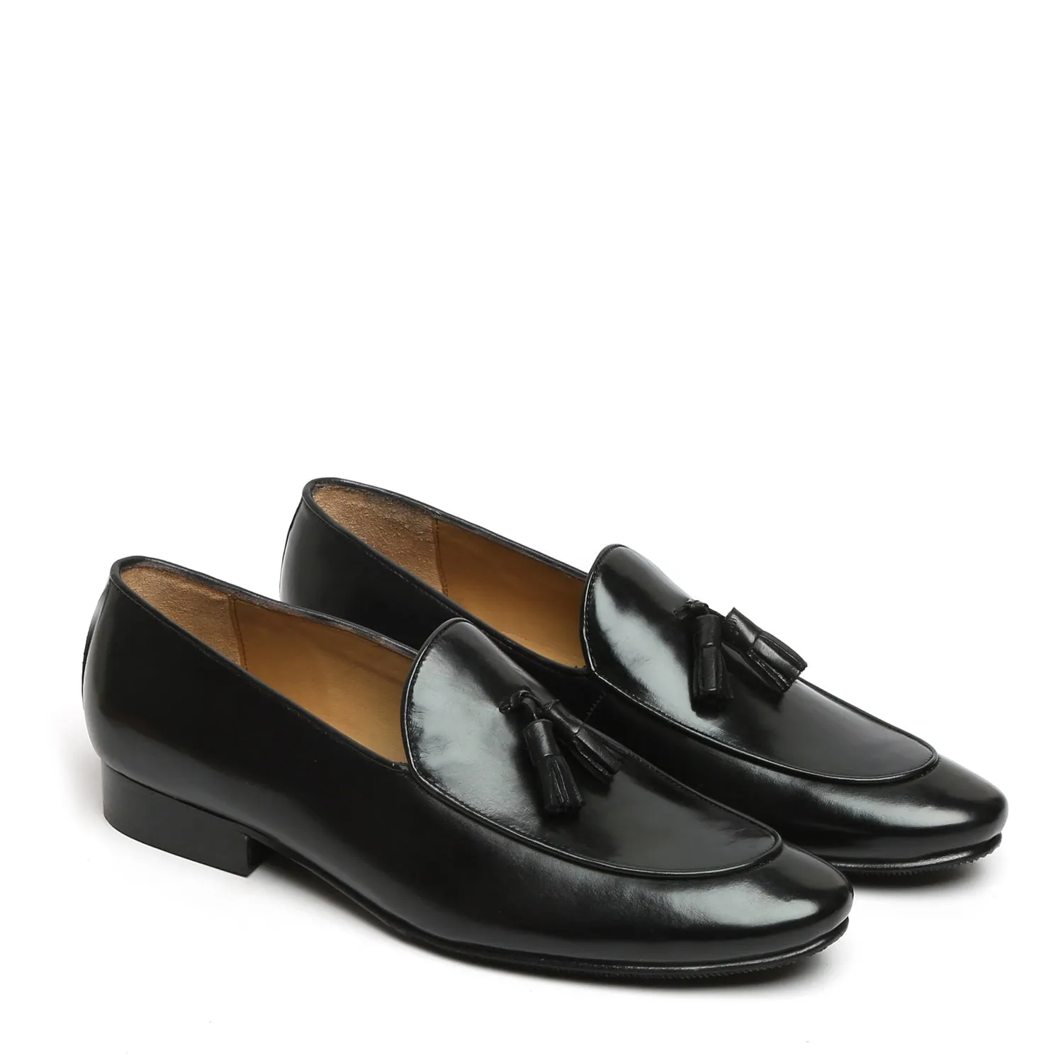 Black Leather Apron Toe Tassel Slip-On Shoes