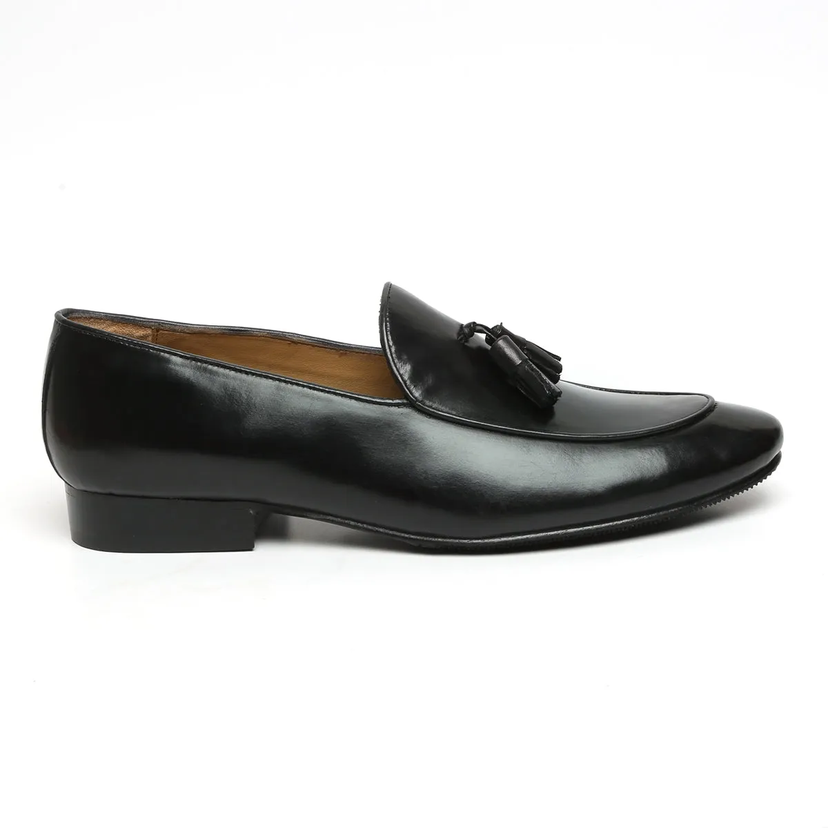 Black Leather Apron Toe Tassel Slip-On Shoes