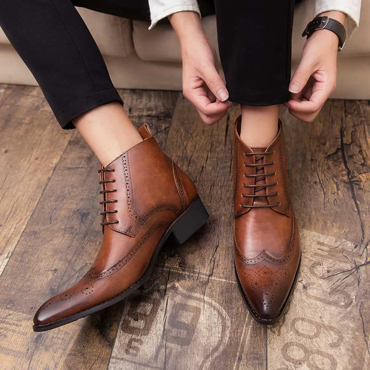 Brown retro brogue lace up shoe boot