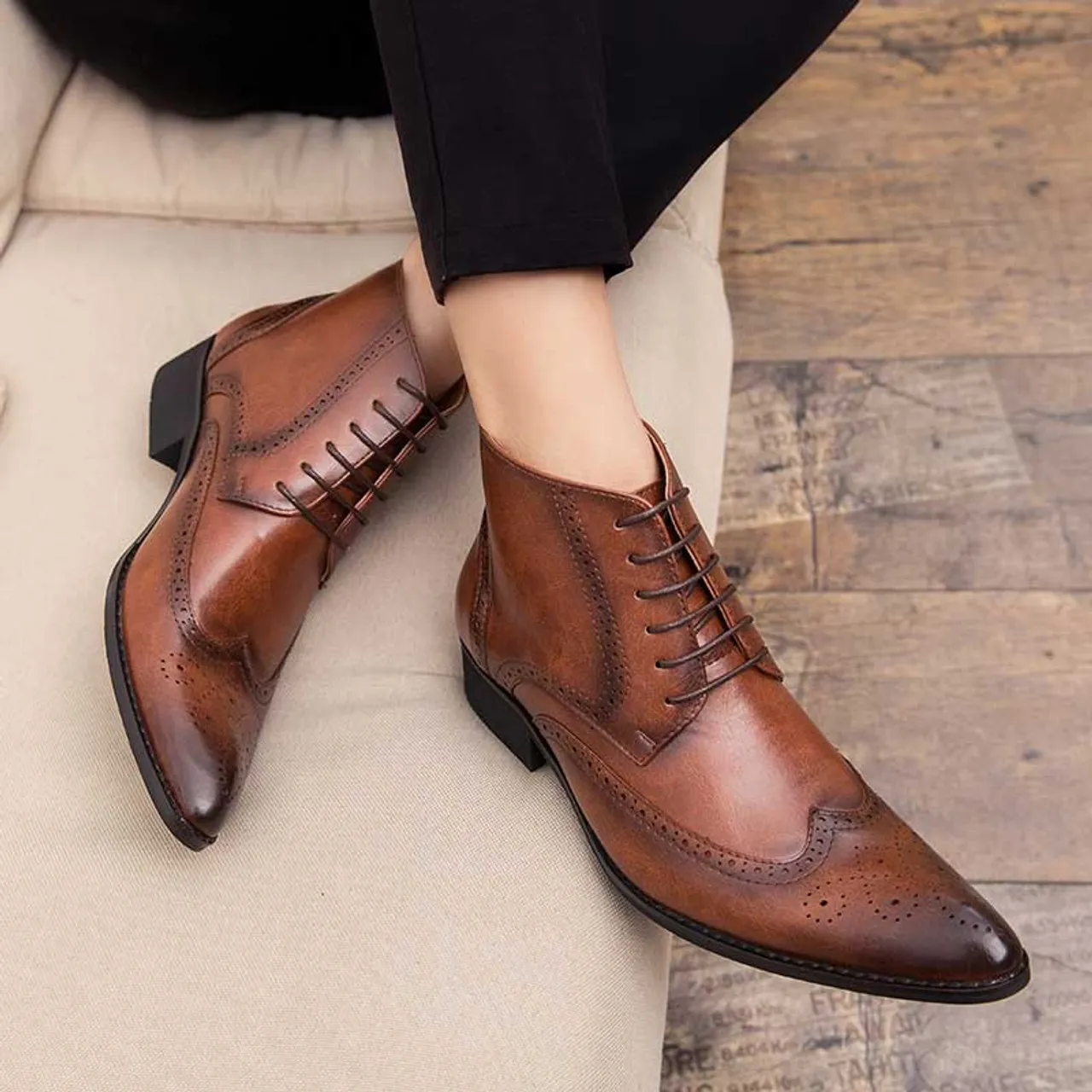 Brown retro brogue lace up shoe boot