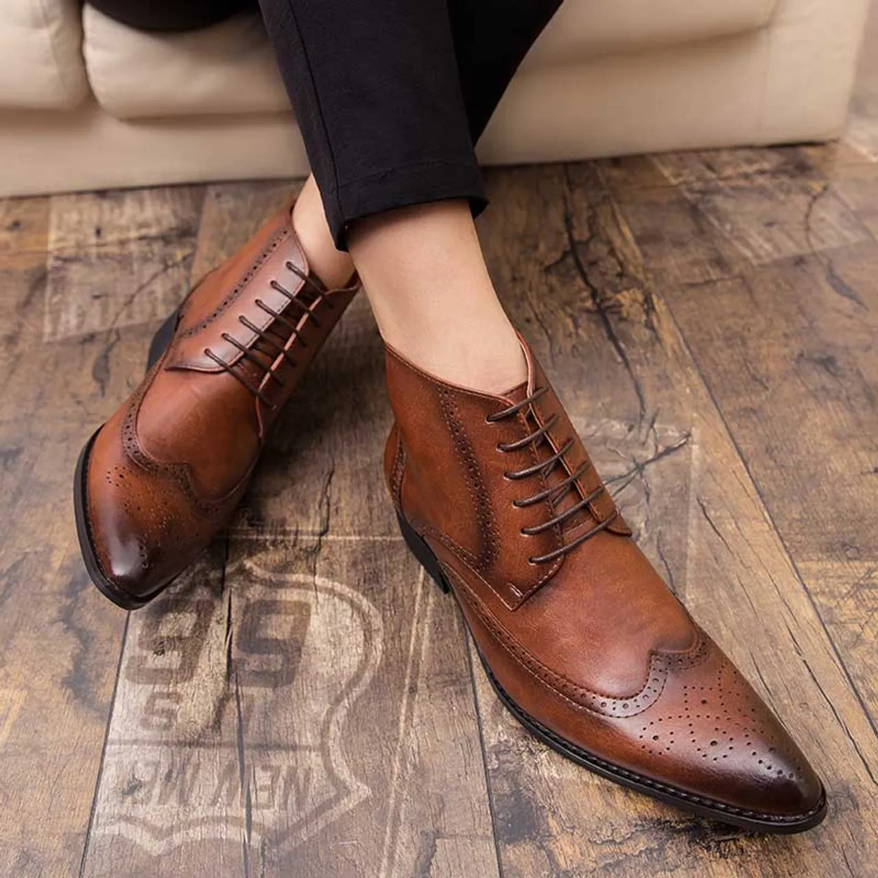 Brown retro brogue lace up shoe boot