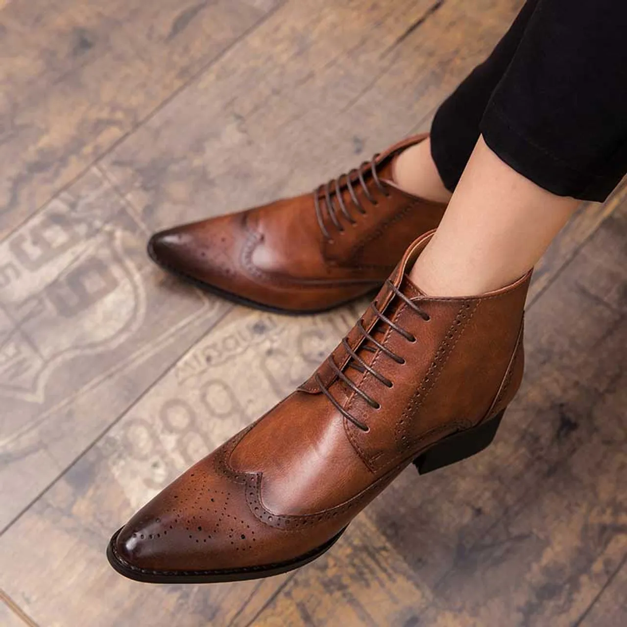 Brown retro brogue lace up shoe boot