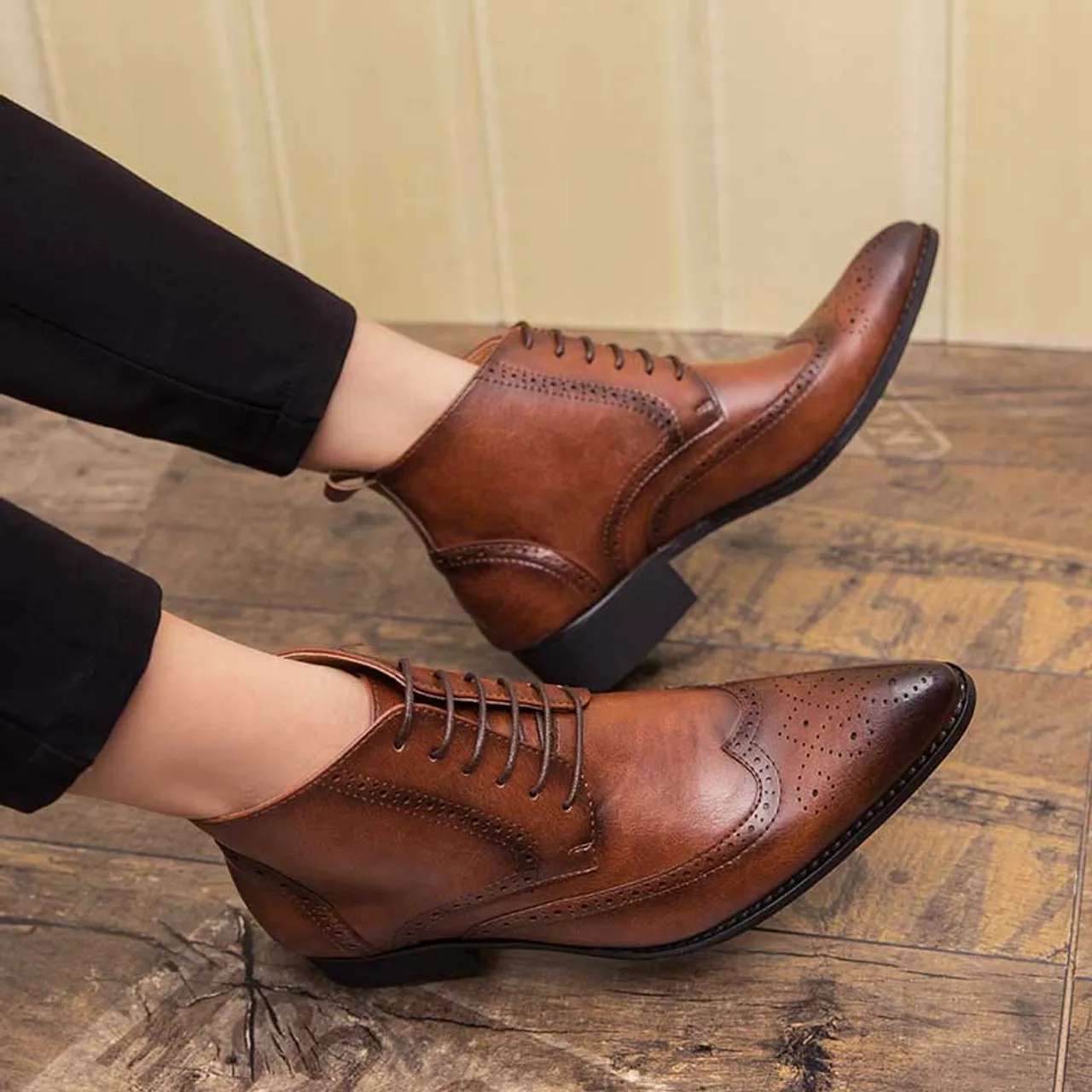 Brown retro brogue lace up shoe boot