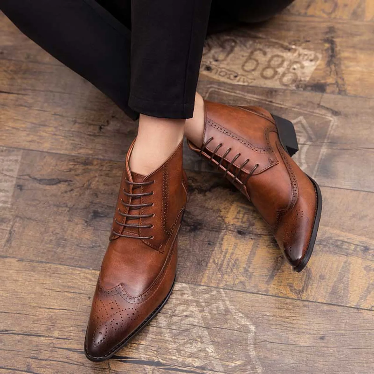 Brown retro brogue lace up shoe boot