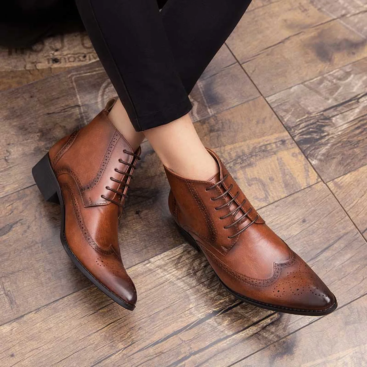 Brown retro brogue lace up shoe boot