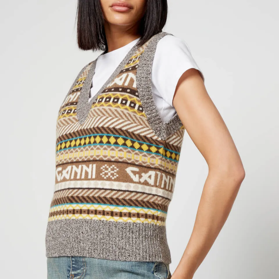 Ganni Cropped Logo-Intarsia Wool-Blend Vest - L | Coggles