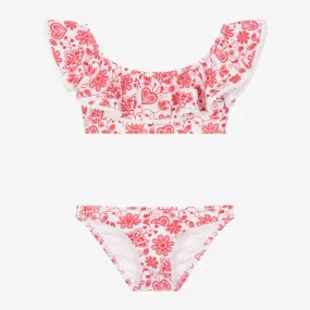 Girls Red Floral Pom-Pom Bikini