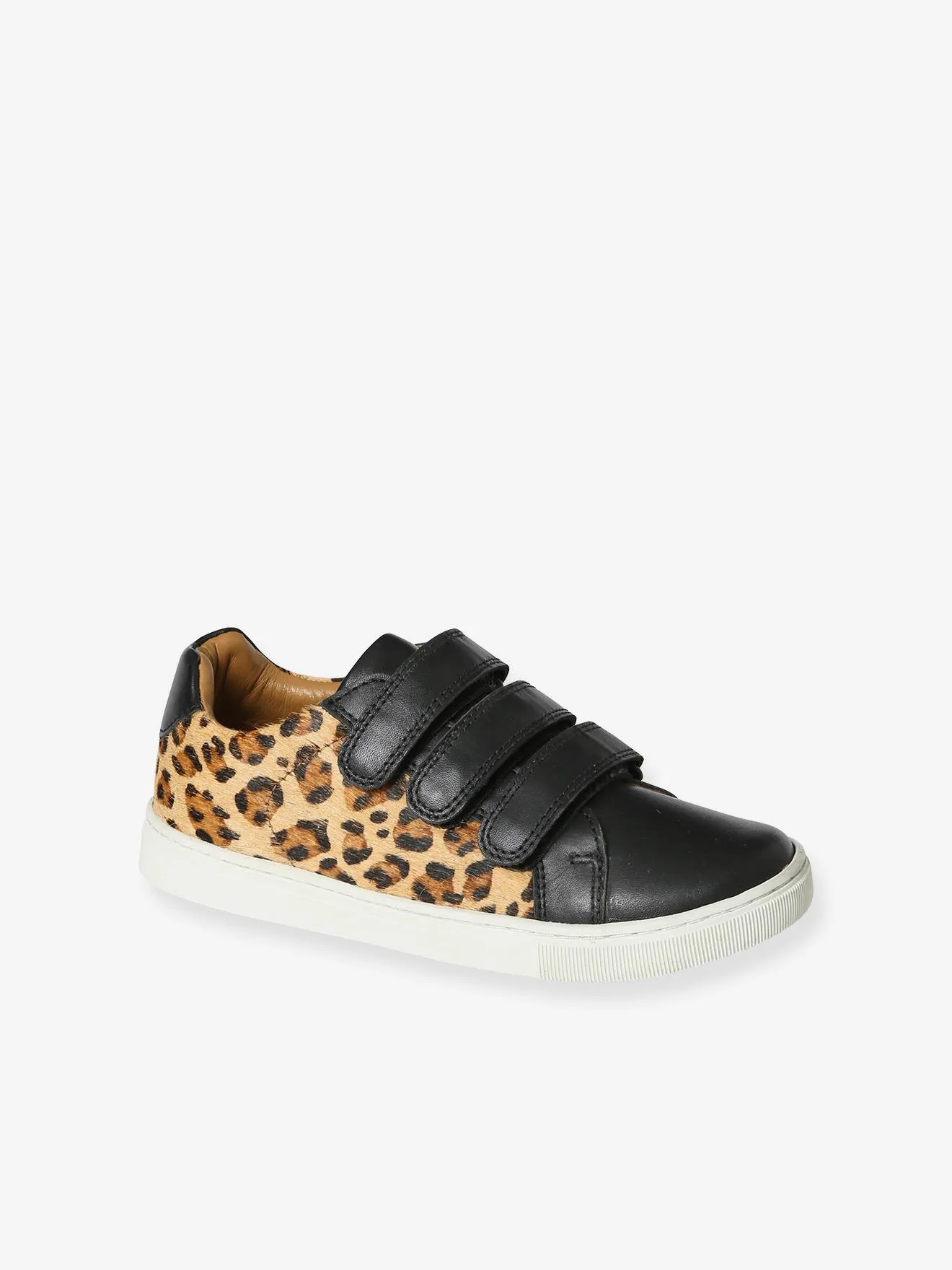 Leather Trainers with Hook&Loop Straps, Leopard Print - printed black