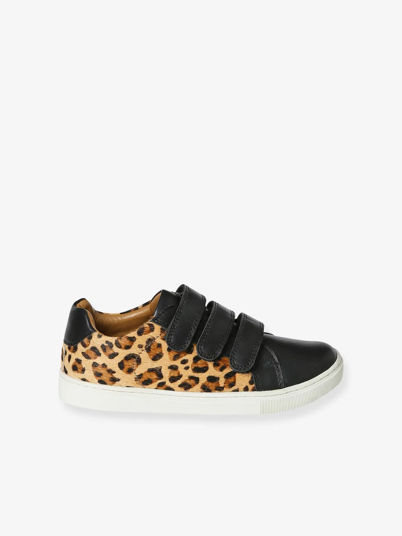 Leather Trainers with Hook&Loop Straps, Leopard Print - printed black