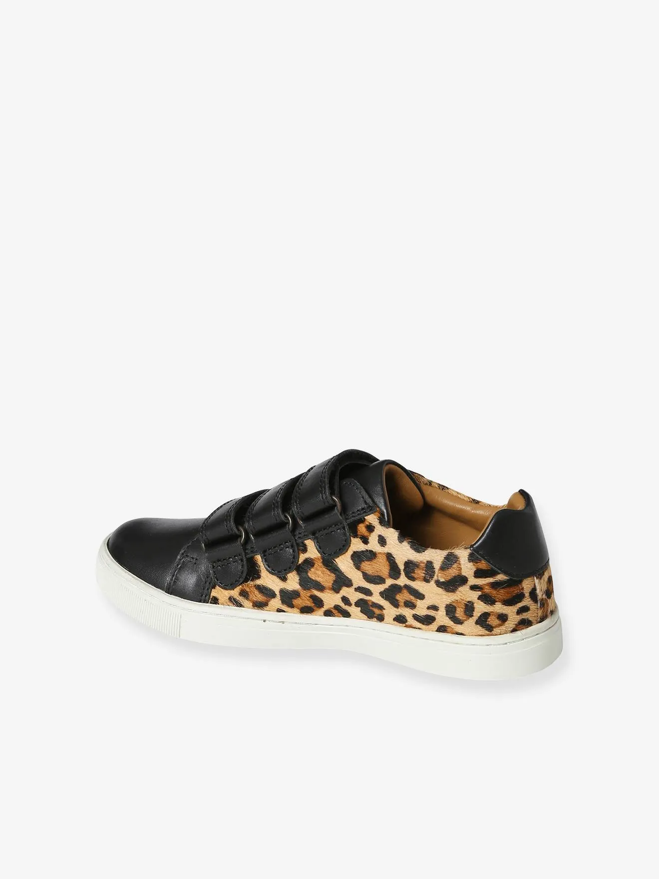 Leather Trainers with Hook&Loop Straps, Leopard Print - printed black