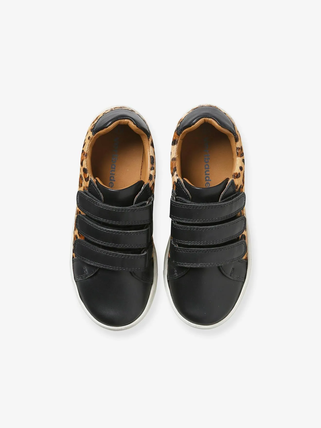 Leather Trainers with Hook&Loop Straps, Leopard Print - printed black