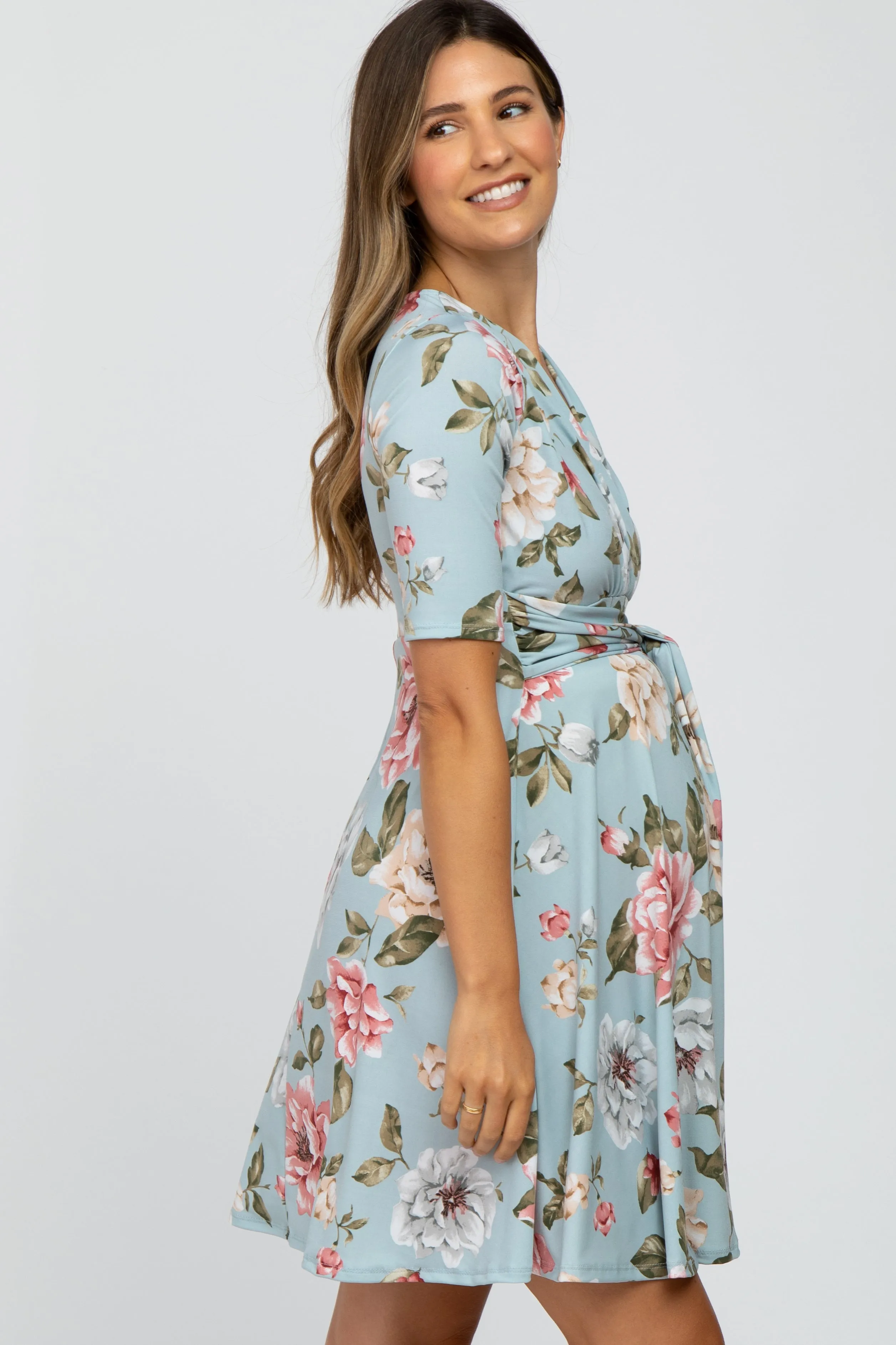 Light Blue Floral Maternity Wrap Dress