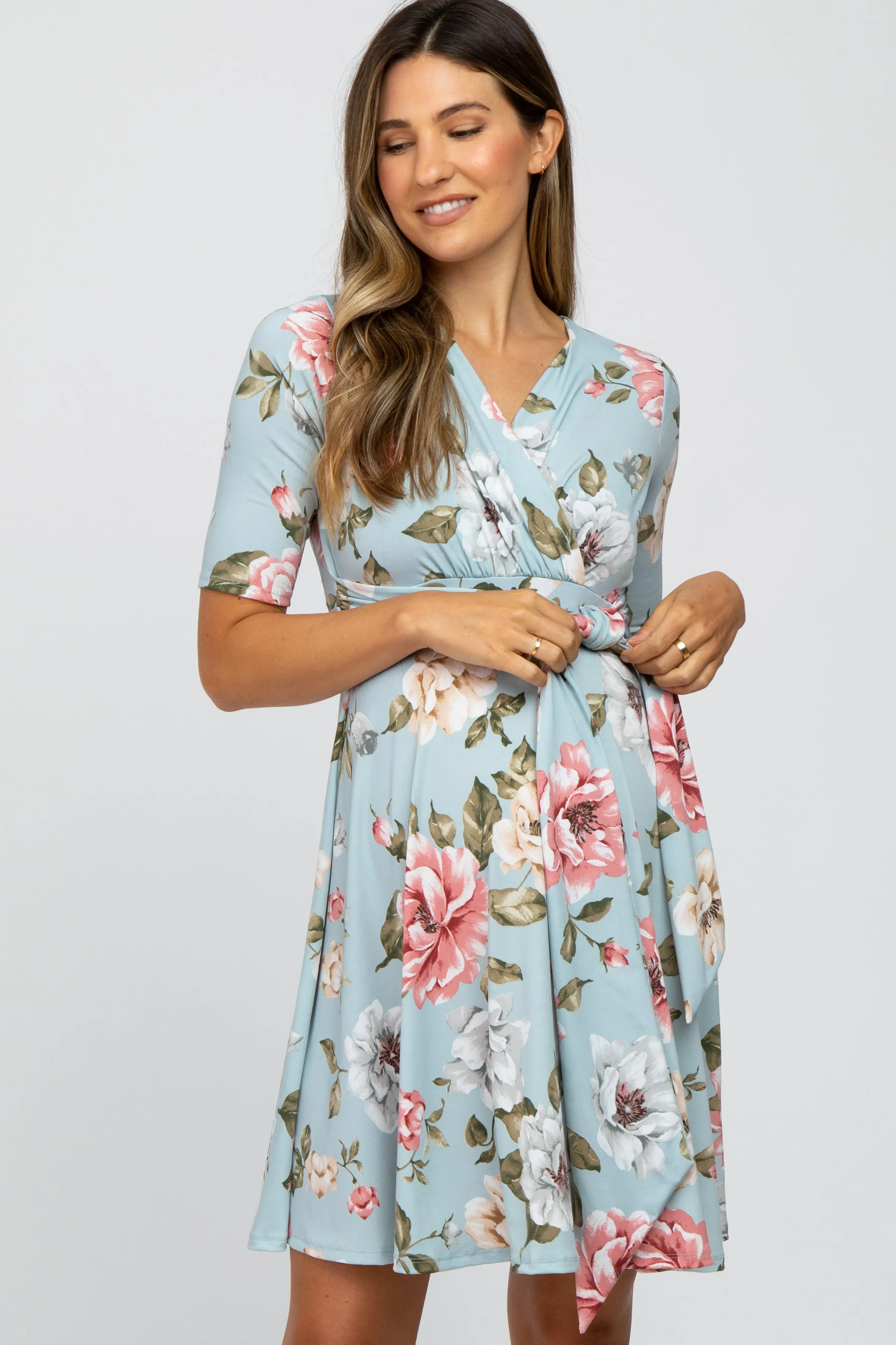 Light Blue Floral Maternity Wrap Dress