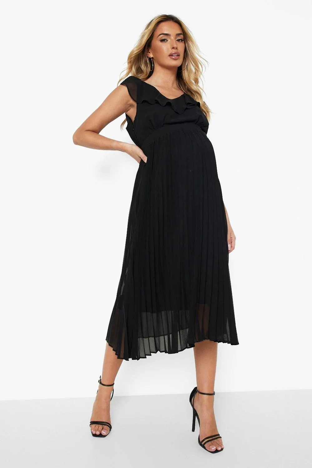 Maternity Frill Detail Pleated Midi Dress