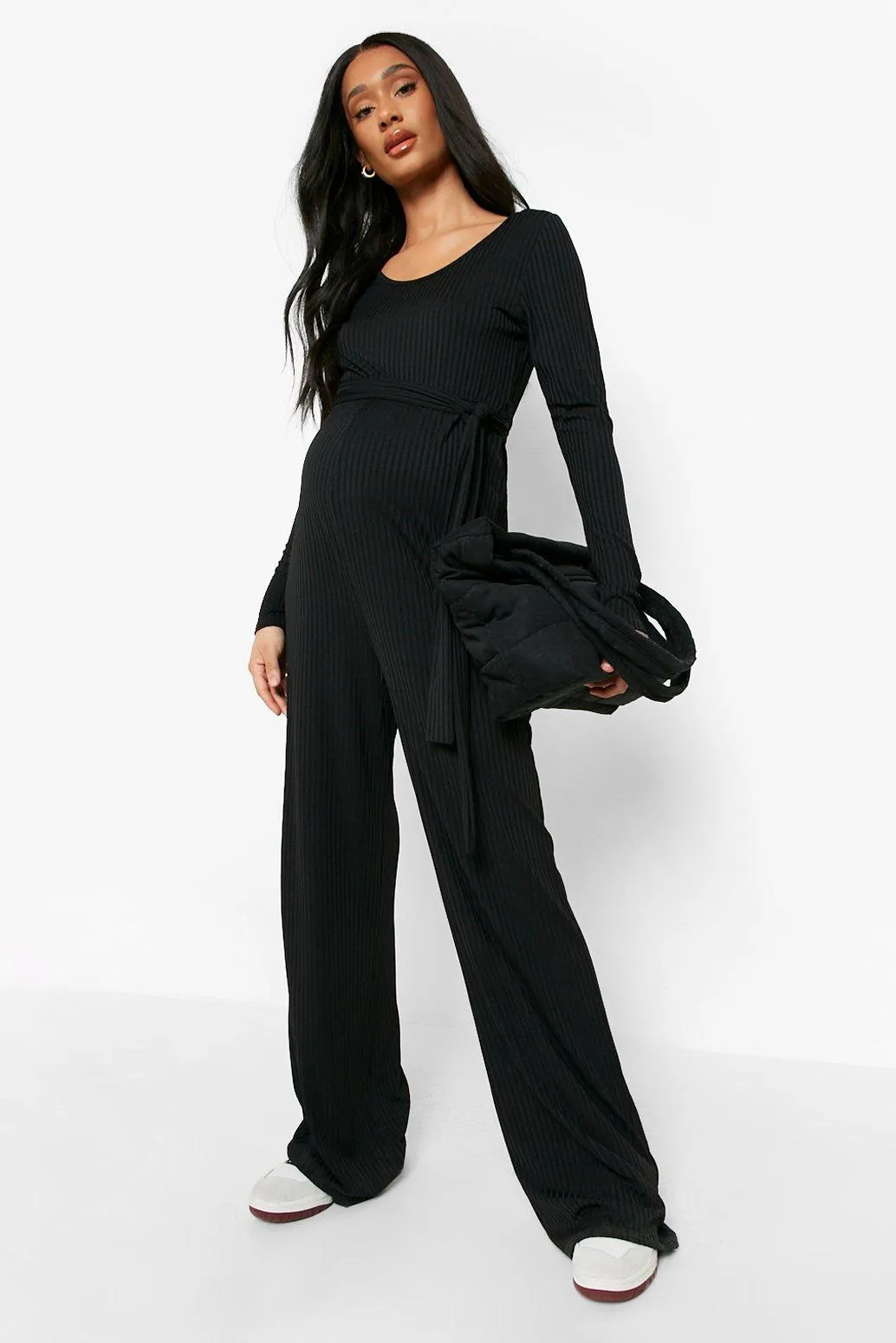 Maternity Rib Long Sleeve Belted Jumpsuit