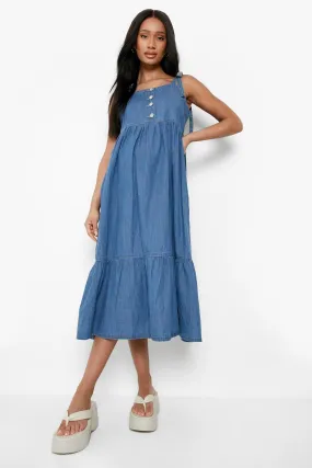 Maternity Tie Shoulder Chambray Midi Dress