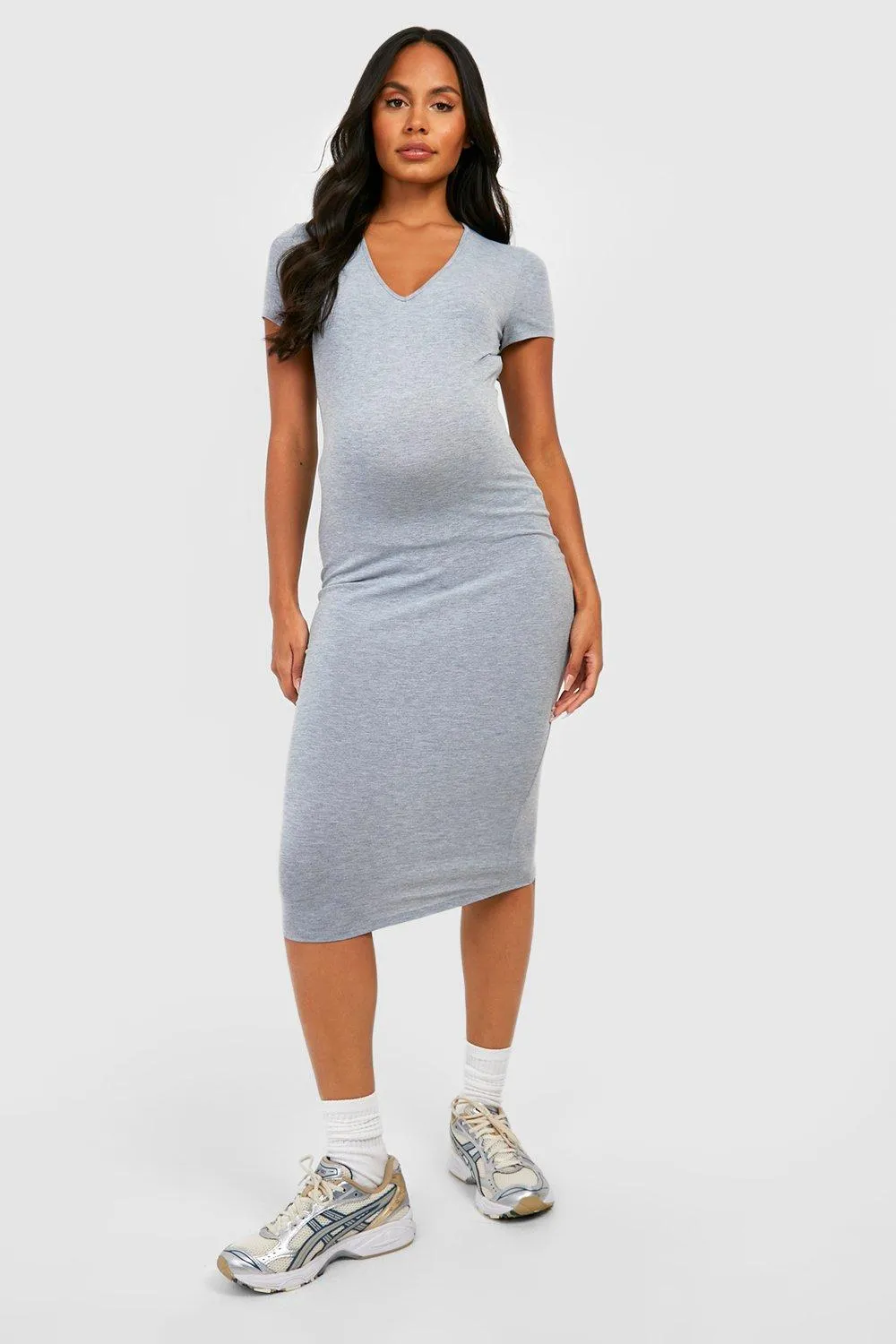 Maternity V Neck Bodycon Midi Dress