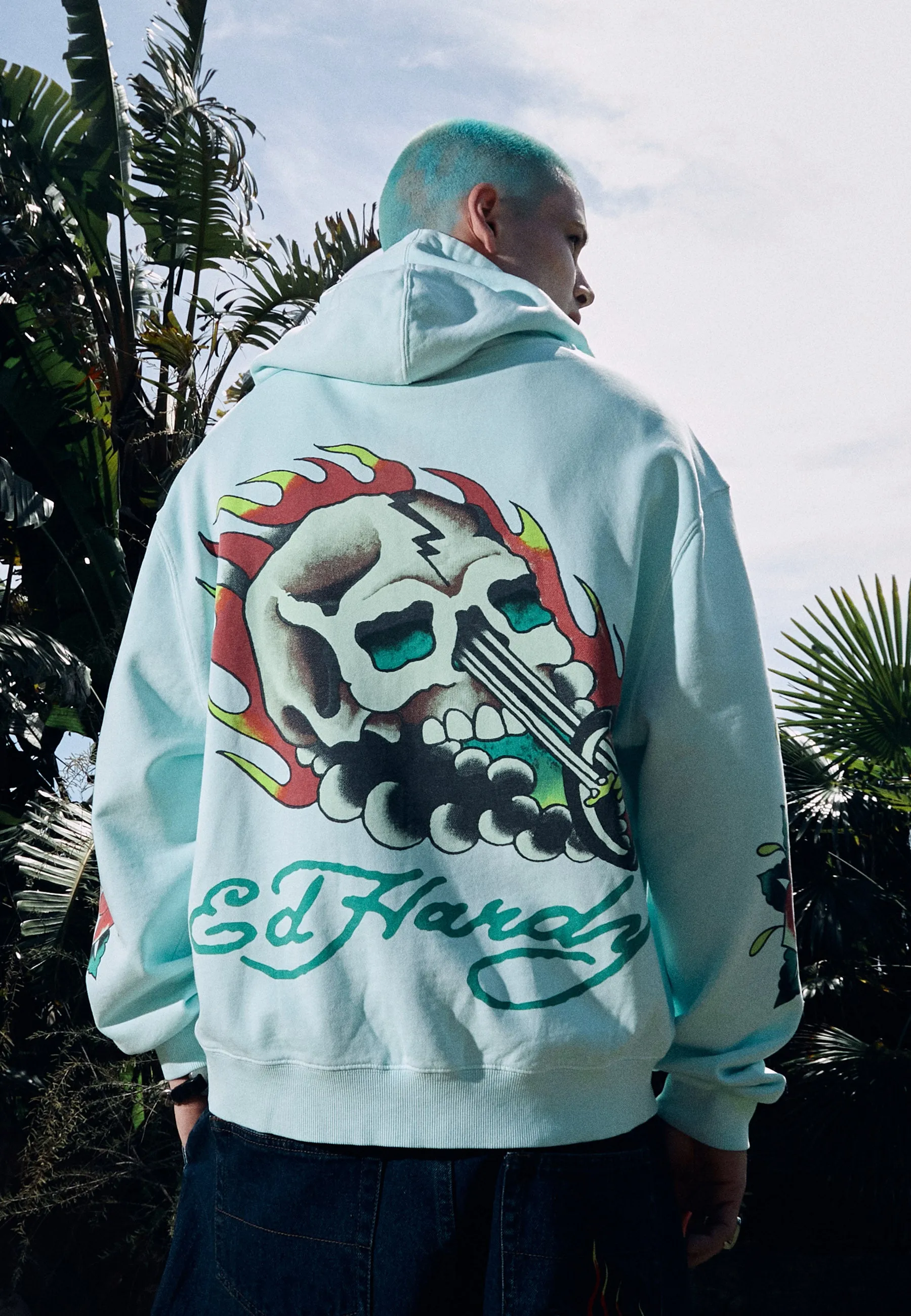 Mens Skull-Rider Graphic Zip Through Hoodie - Blue