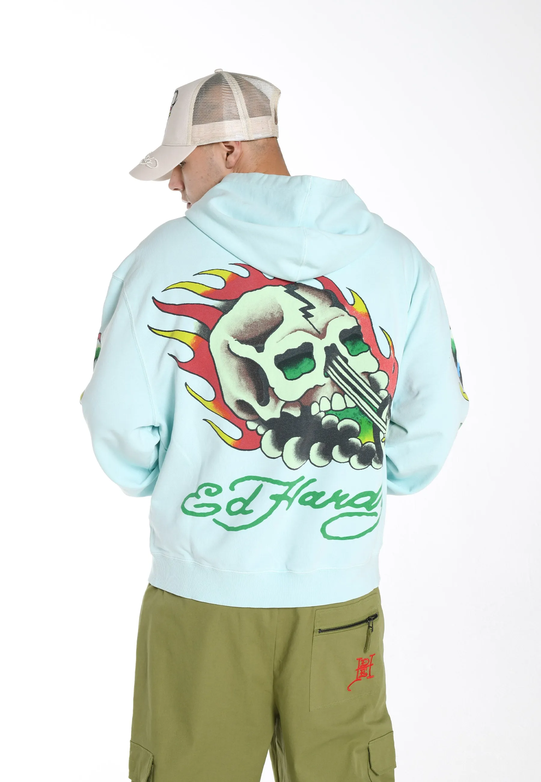 Mens Skull-Rider Graphic Zip Through Hoodie - Blue