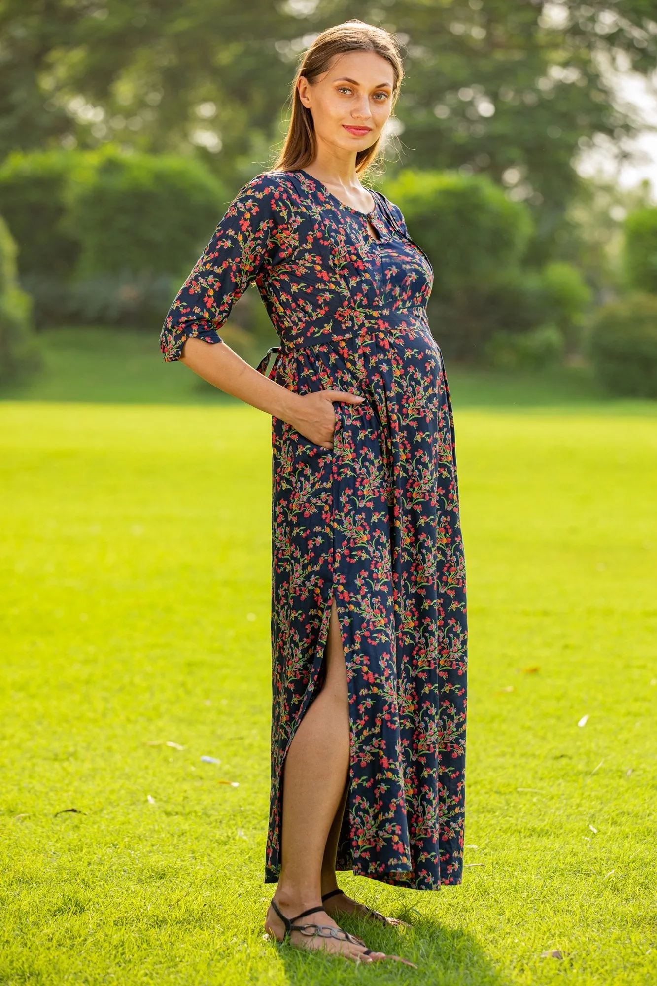 Midnight Bloom Side Slit Maternity & Nursing Dress