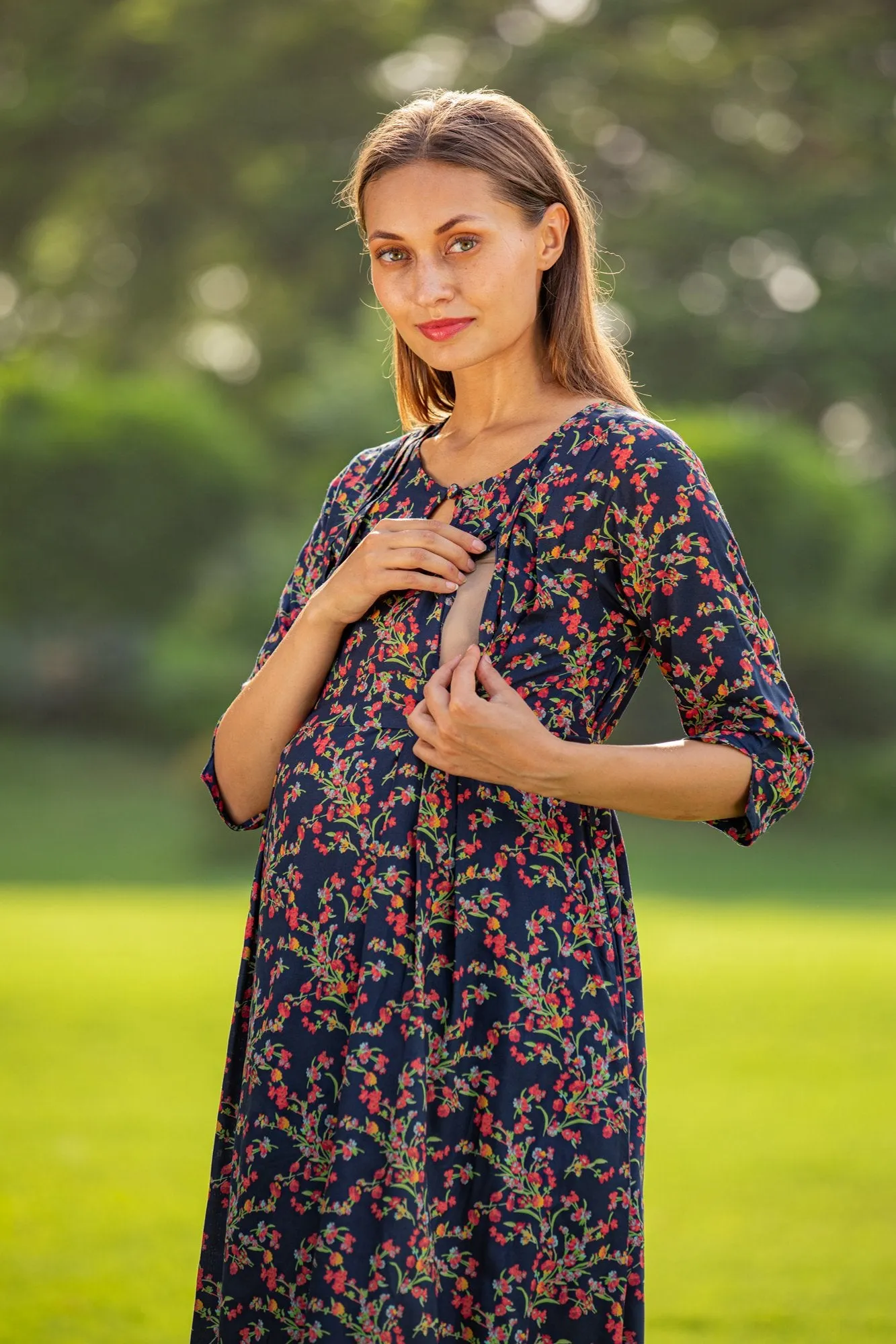 Midnight Bloom Side Slit Maternity & Nursing Dress