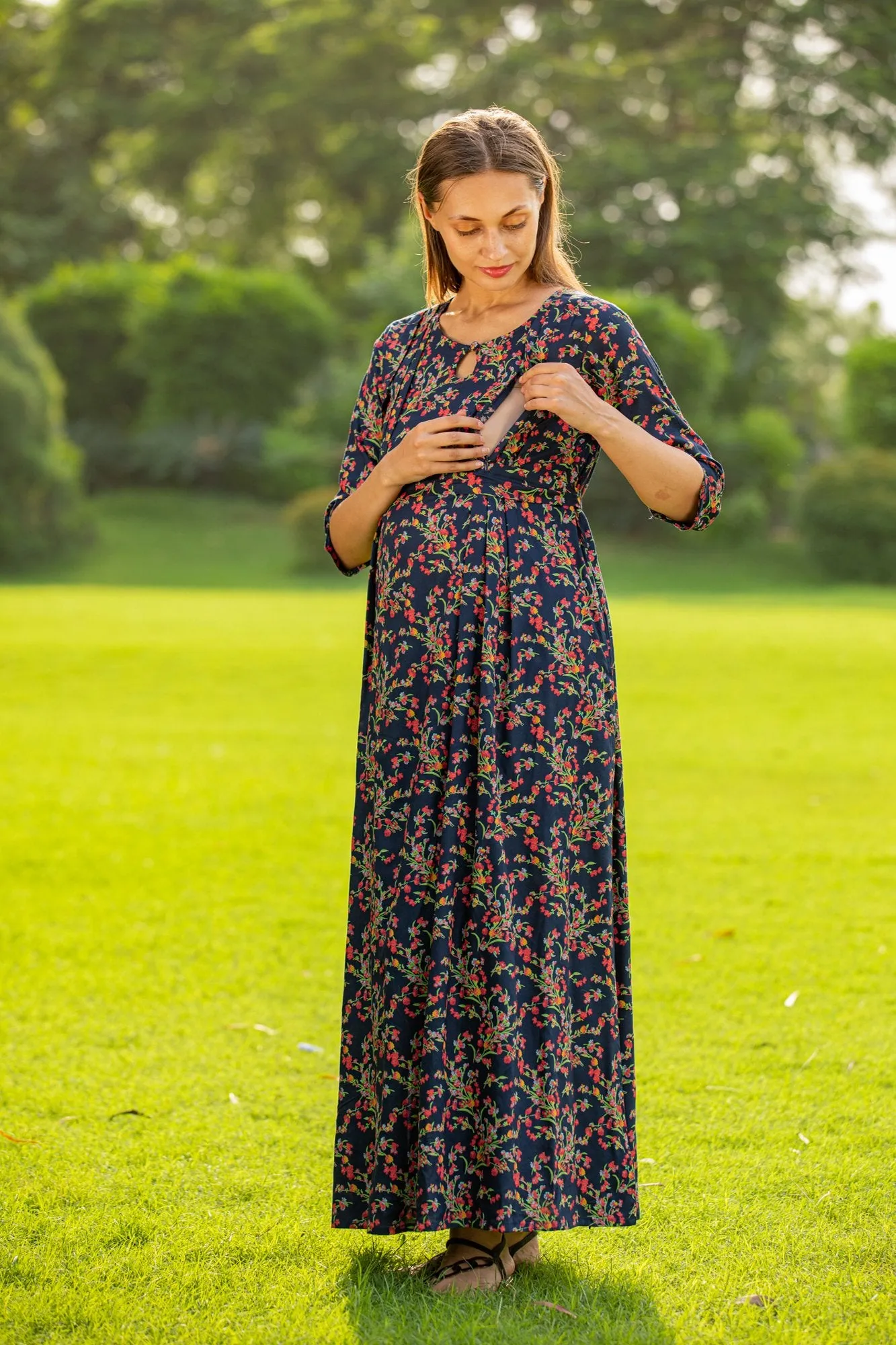 Midnight Bloom Side Slit Maternity & Nursing Dress