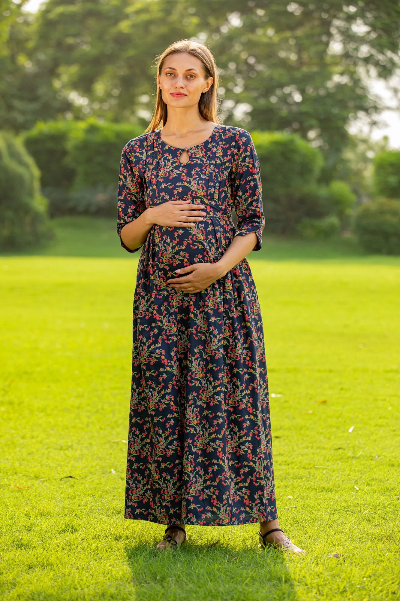 Midnight Bloom Side Slit Maternity & Nursing Dress