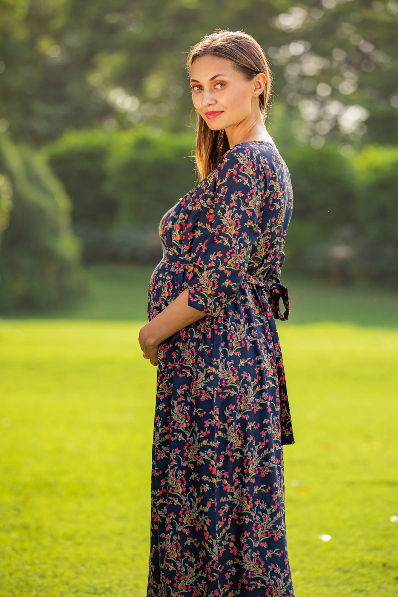 Midnight Bloom Side Slit Maternity & Nursing Dress