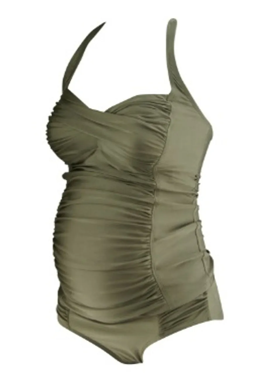 *New* Metallic Taupe A Pea in the Pod Maternity Ruched Maternity Two Piece Tankini Swimsuit (Size Small)