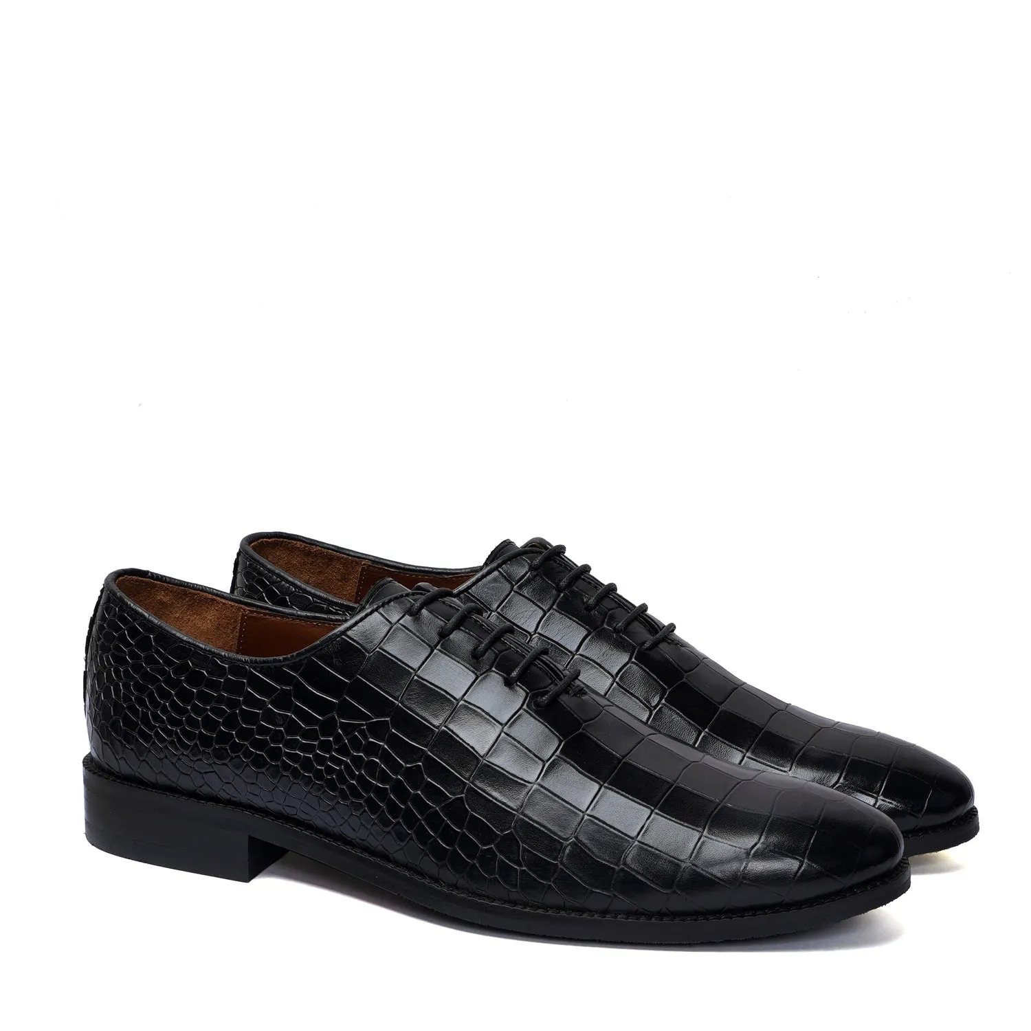 Oxford Lace-Up Black Formal Shoes in Deep Cut Leather