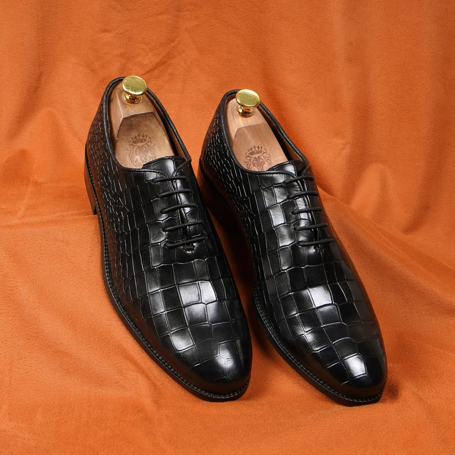 Oxford Lace-Up Black Formal Shoes in Deep Cut Leather