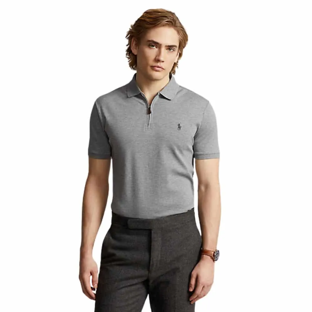 POLO RALPH LAUREN CUSTOM SLIM STRETCH MESH ZIP GREY POLO SHIRT | Menswear Online