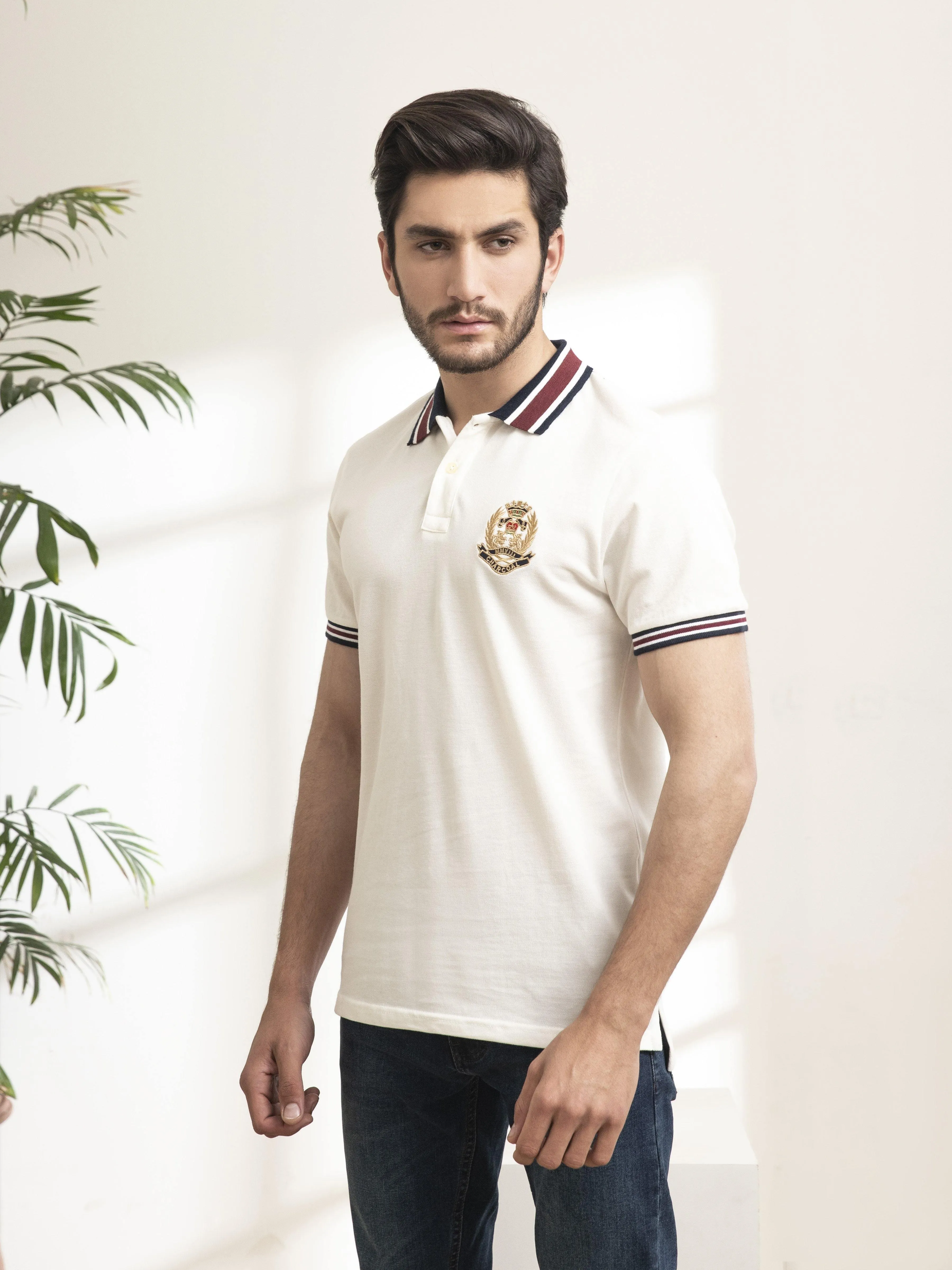 POLO SHIRT JACQUARD COLLAR OFF WHITE