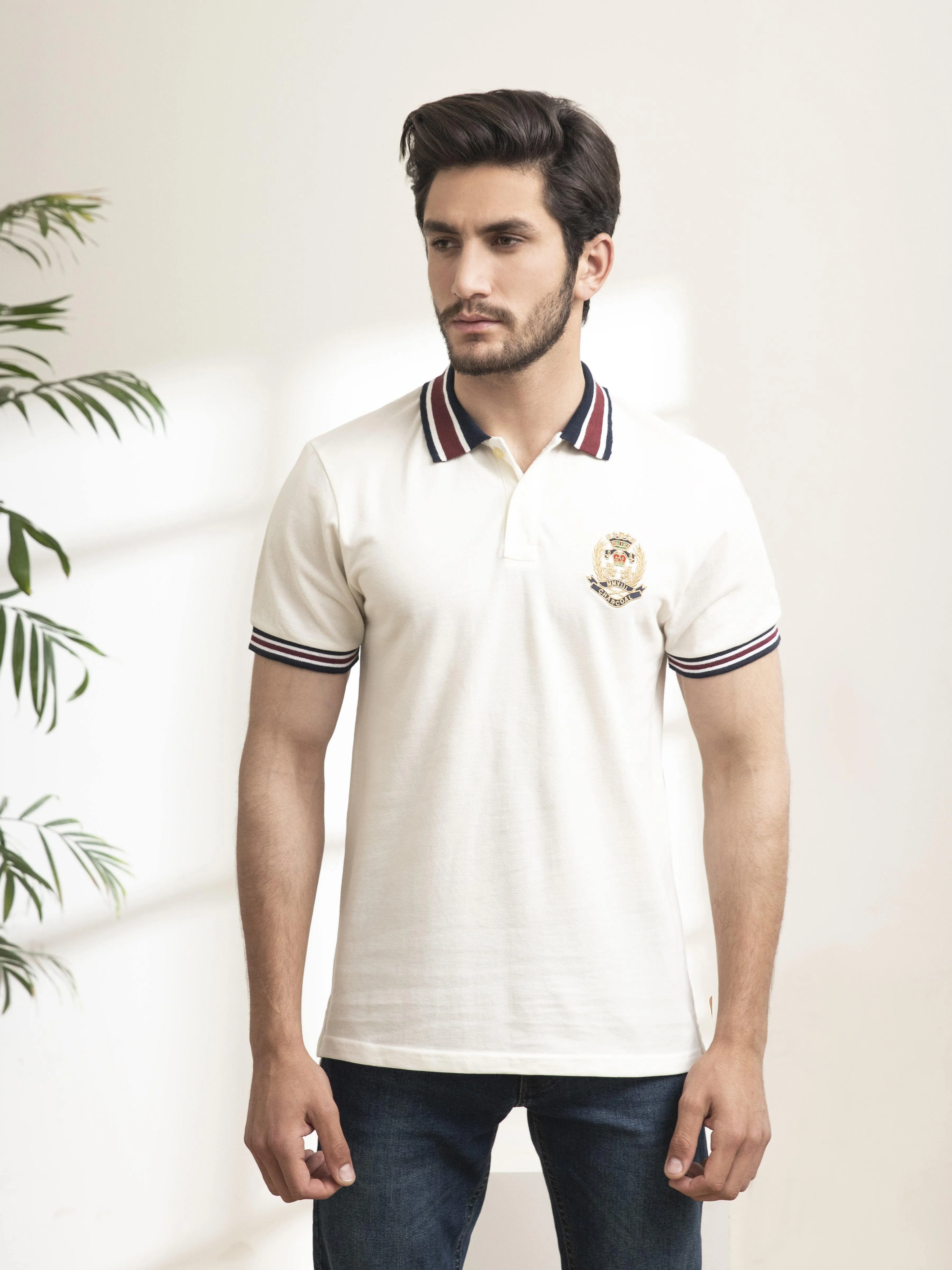 POLO SHIRT JACQUARD COLLAR OFF WHITE