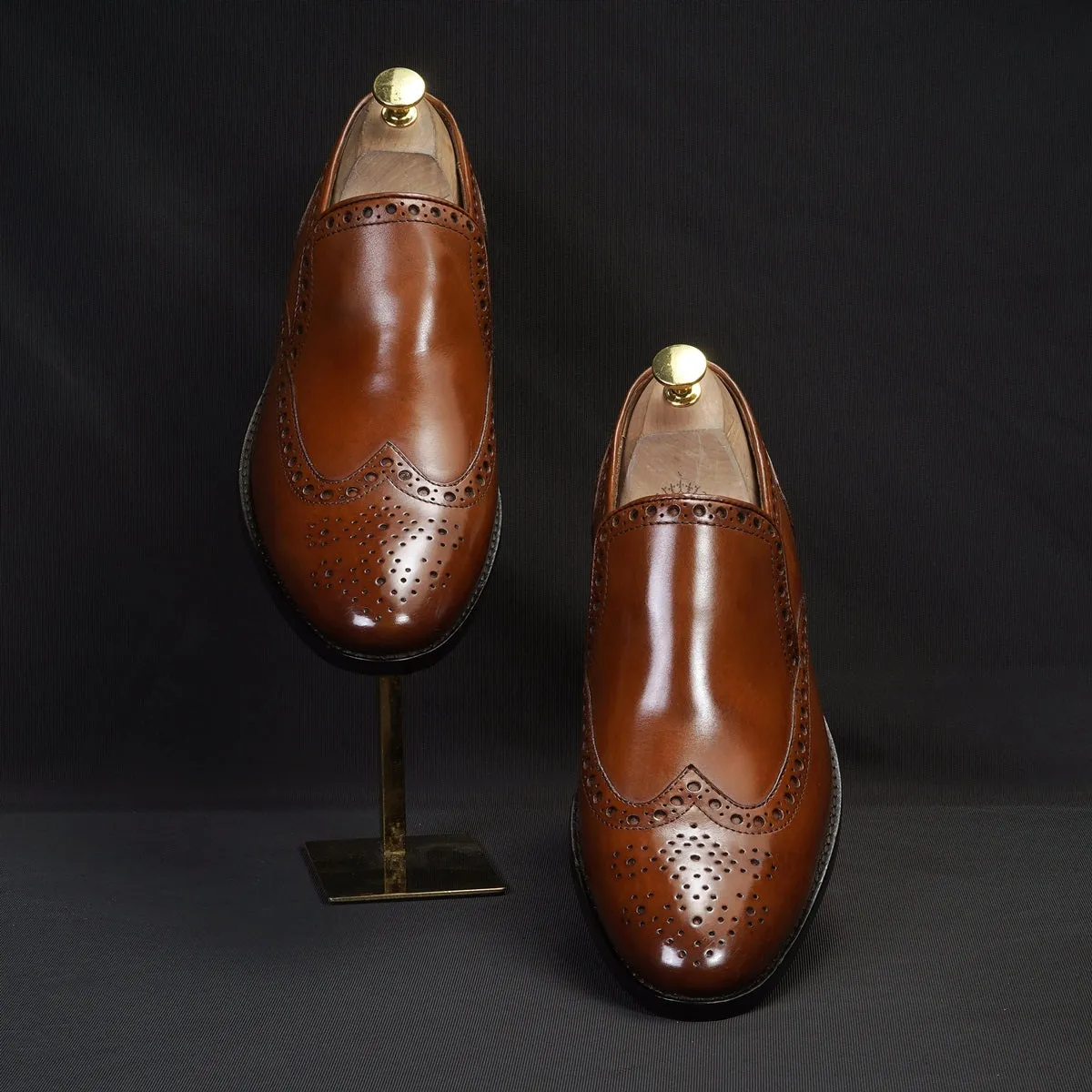 Punching Brogue Formal Slip-On Shoes in Genuine Tan Leather