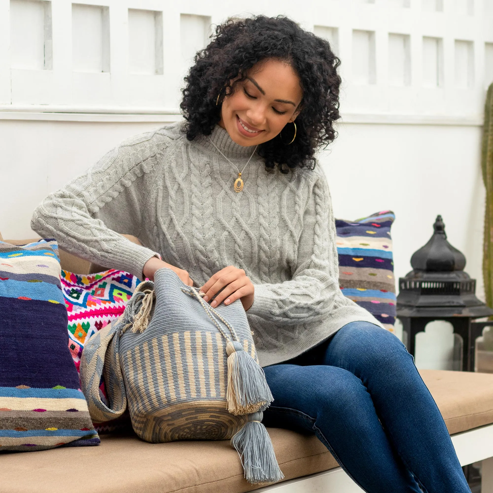 Seaside Stripe Blue and Ivory Crocheted Shoulder Bag