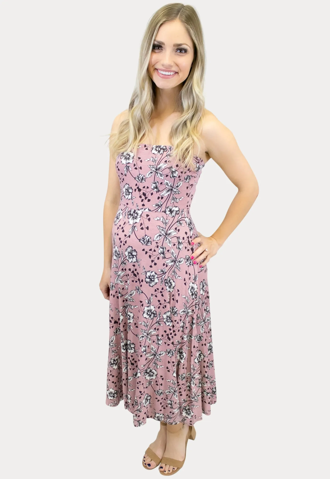 Strapless Floral Maternity Dress in Mauve