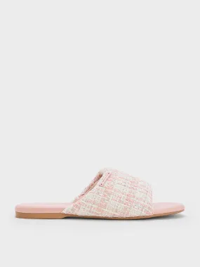 Tweed Puffy Wide-Strap Slide Sandals - Light Pink