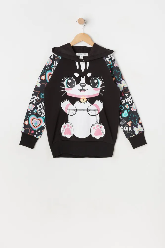 Urban Kids Girls Graffiti Cat Graphic Fleece Hoodie