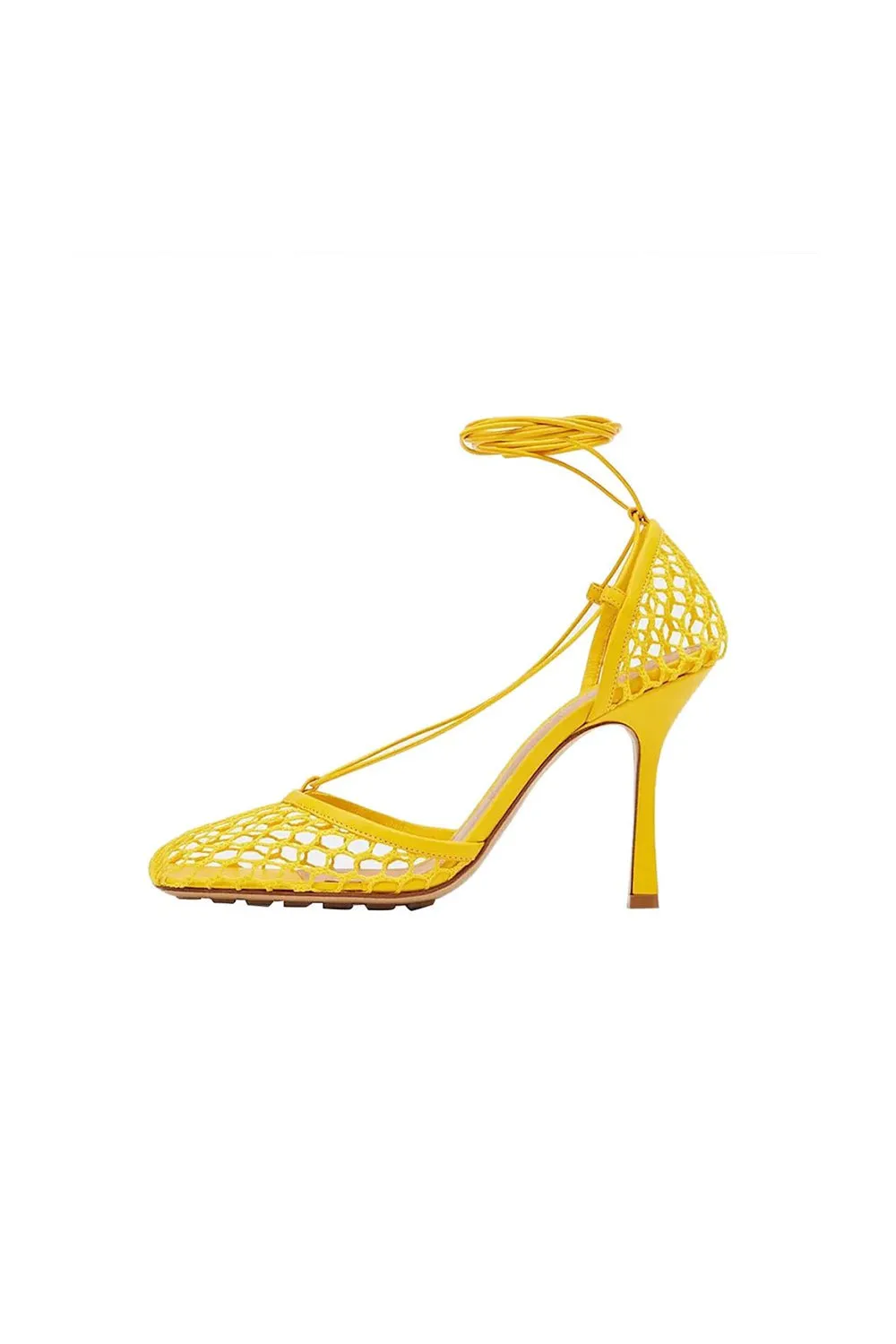 Yellow Stiletto Heel Lace Up Fishnet High Heel Sandals