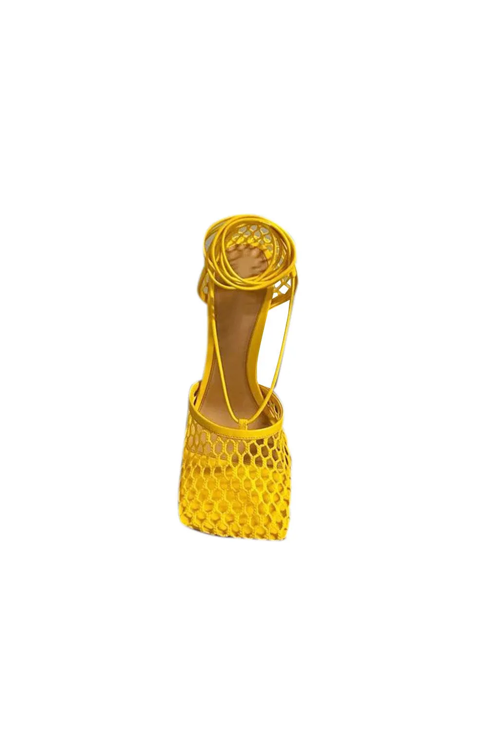 Yellow Stiletto Heel Lace Up Fishnet High Heel Sandals